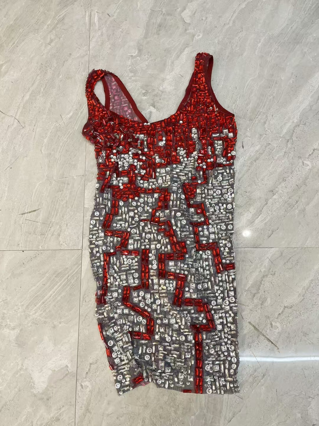 CELESINYI Migong Crystal Wine Mosaic Mini Dress