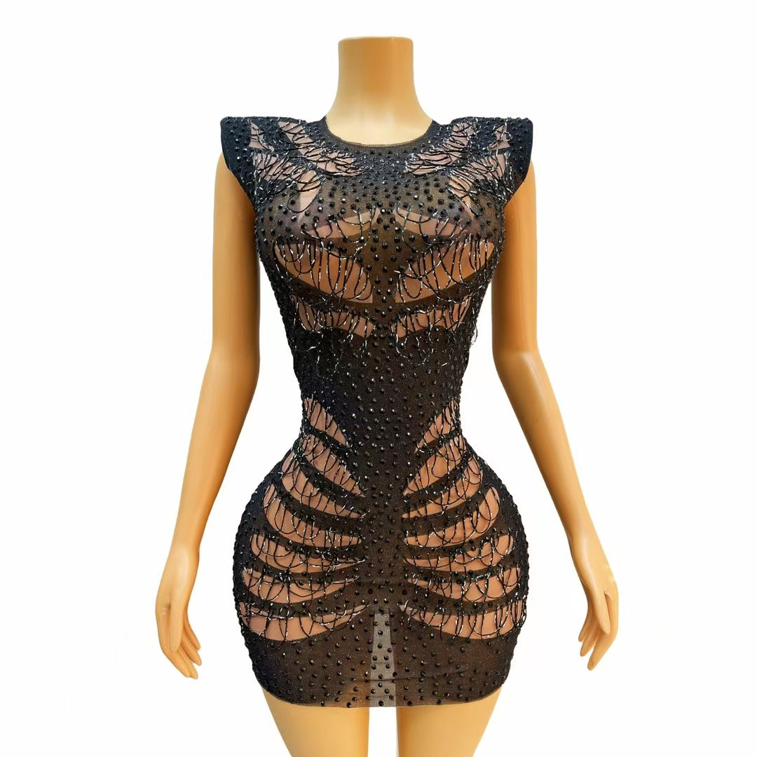 CELESINYI Maoyan Crystal Web Cage Mini Dress