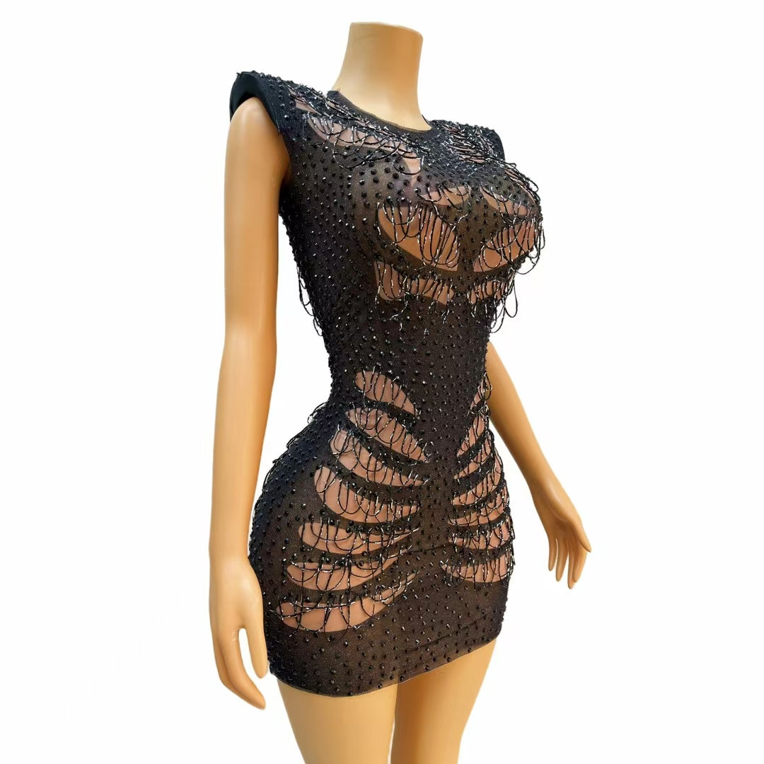 CELESINYI Maoyan Crystal Web Cage Mini Dress