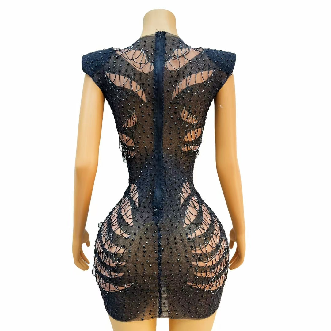 CELESINYI Maoyan Crystal Web Cage Mini Dress