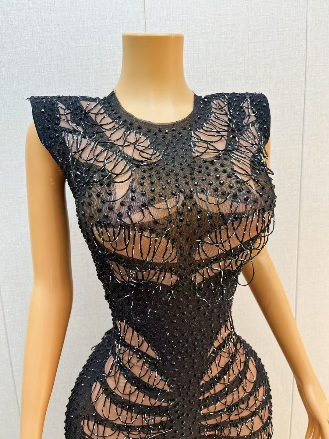 CELESINYI Maoyan Crystal Web Cage Mini Dress