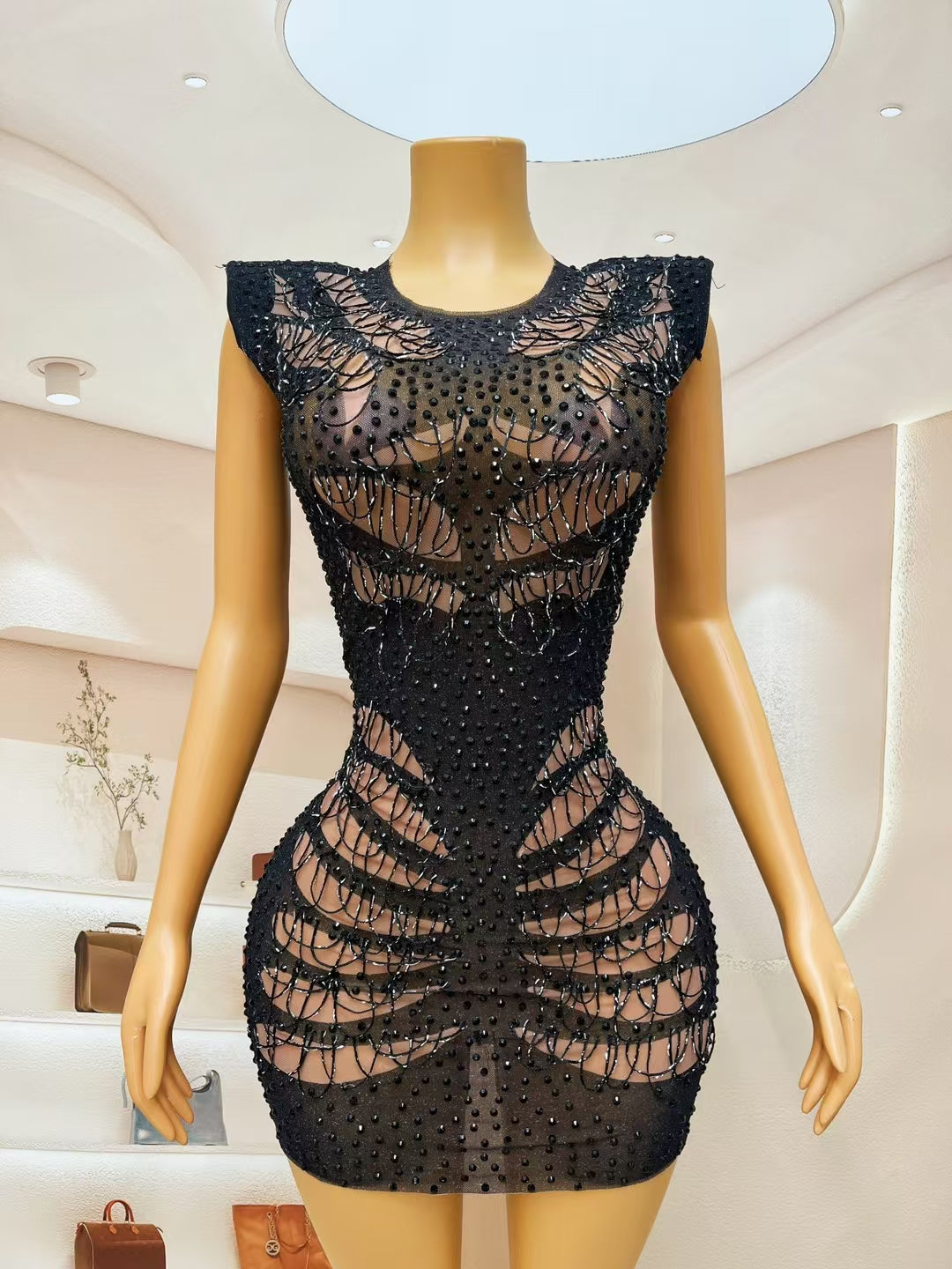CELESINYI Maoyan Crystal Web Cage Mini Dress