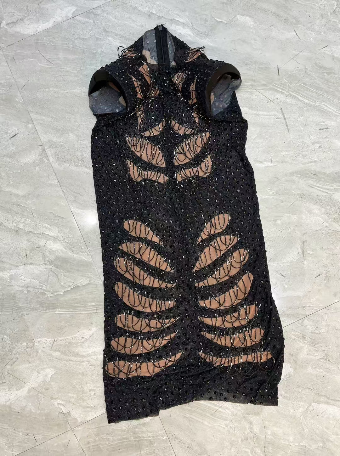 CELESINYI Maoyan Crystal Web Cage Mini Dress