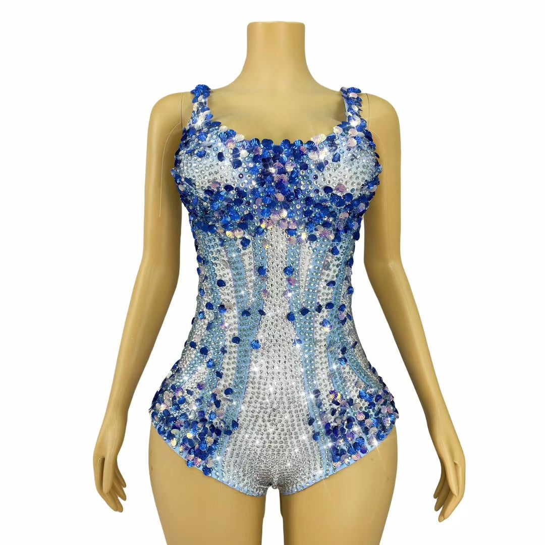 CELESINYI Lanmeimei Crystal Deep Blue Scallop Bodysuit