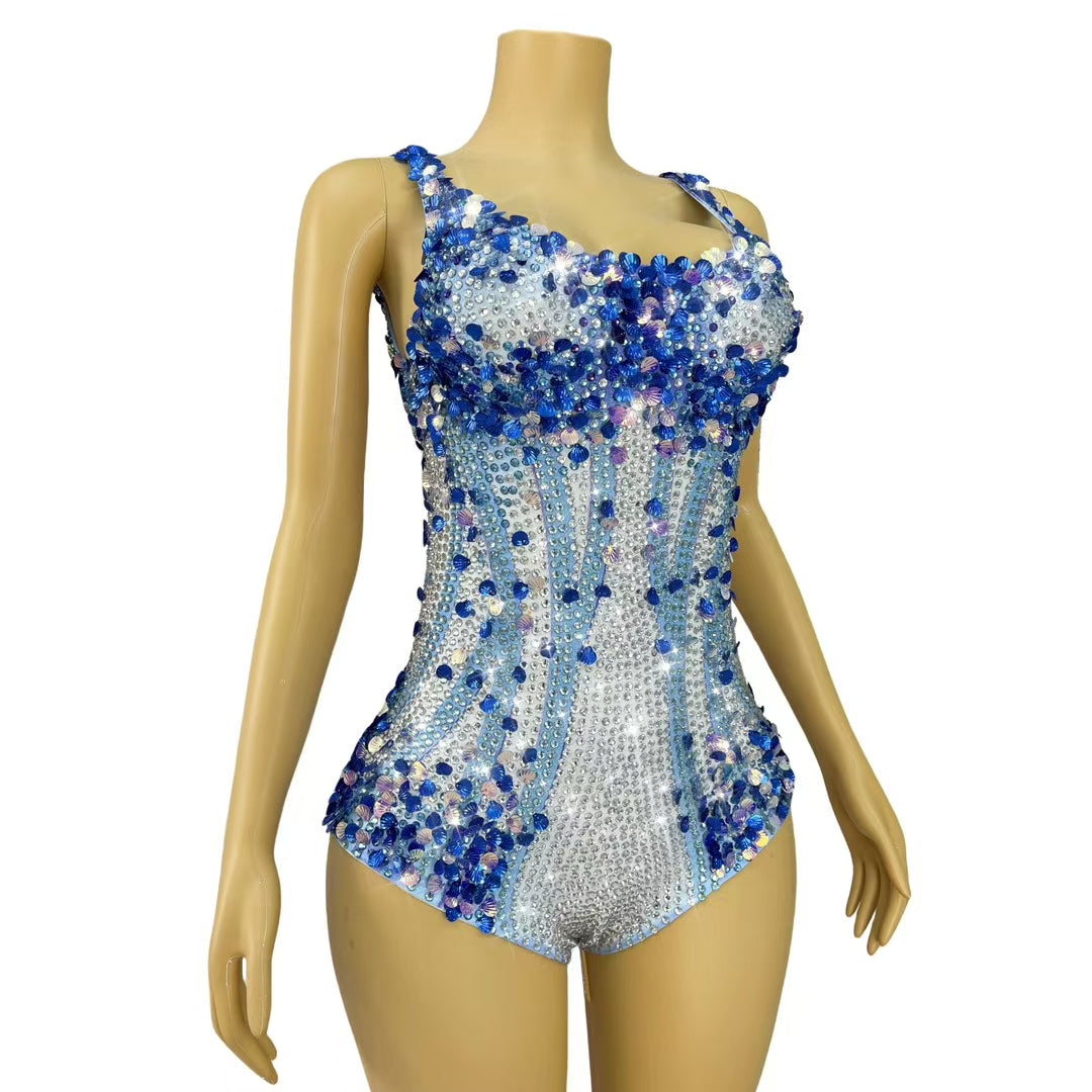 CELESINYI Lanmeimei Crystal Deep Blue Scallop Bodysuit