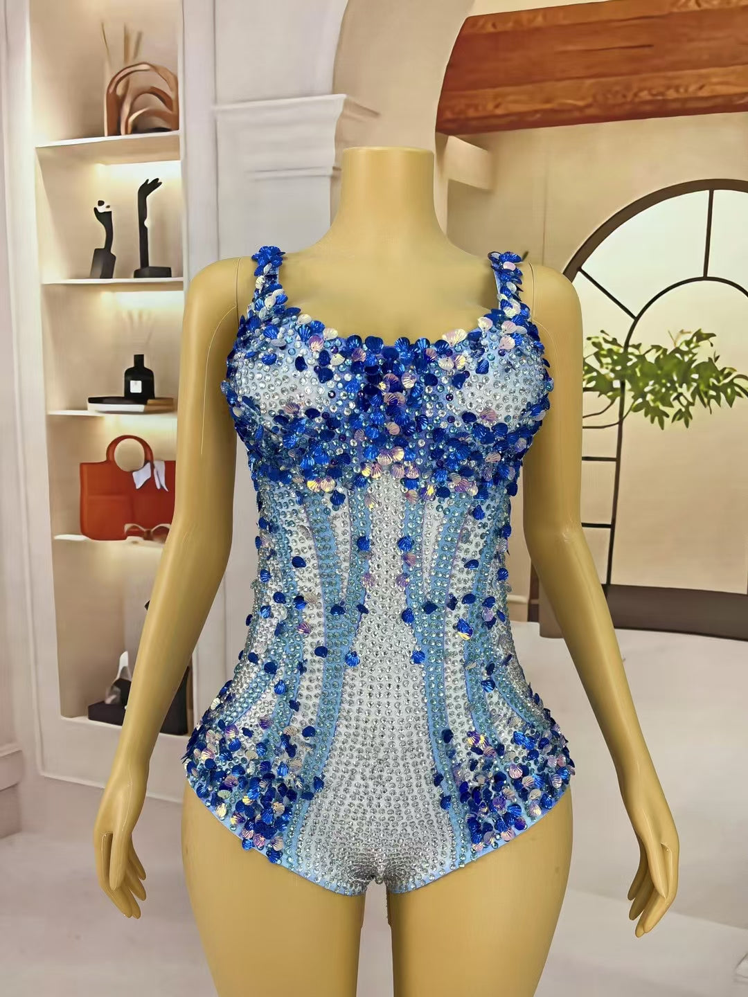 CELESINYI Lanmeimei Crystal Deep Blue Scallop Bodysuit
