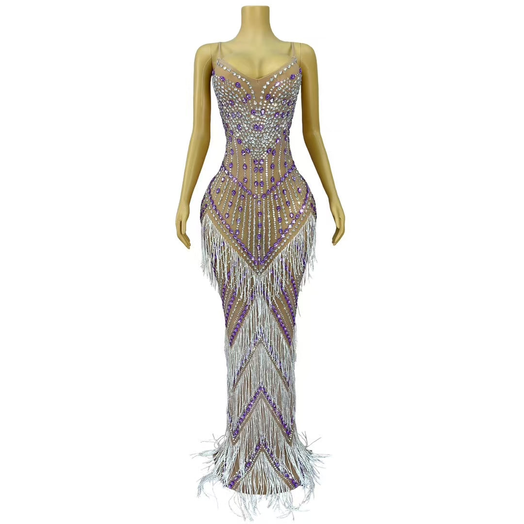 CELESINYI Ziyu Crystal Silver Purple Fringe Gown