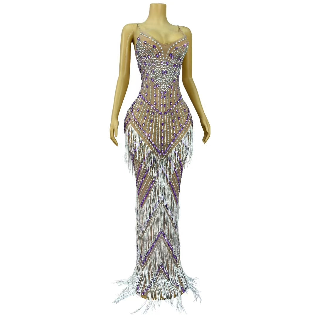 CELESINYI Ziyu Crystal Silver Purple Fringe Gown