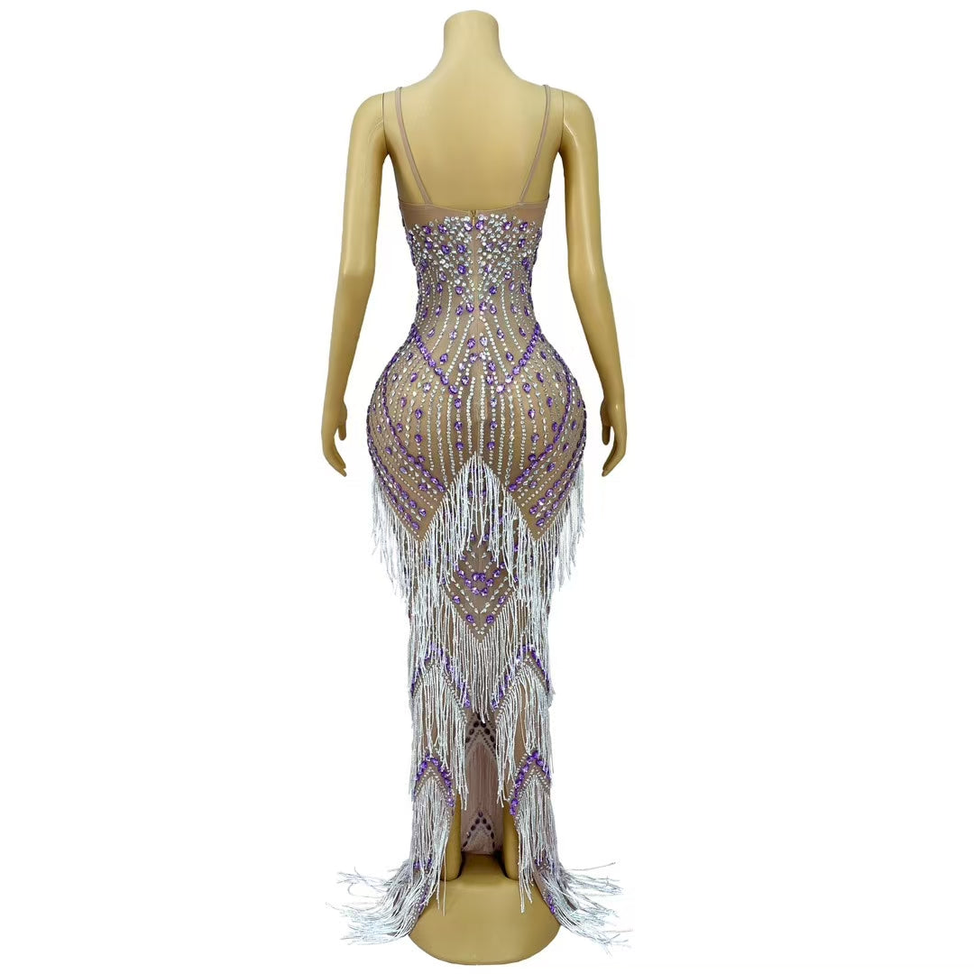 CELESINYI Ziyu Crystal Silver Purple Fringe Gown