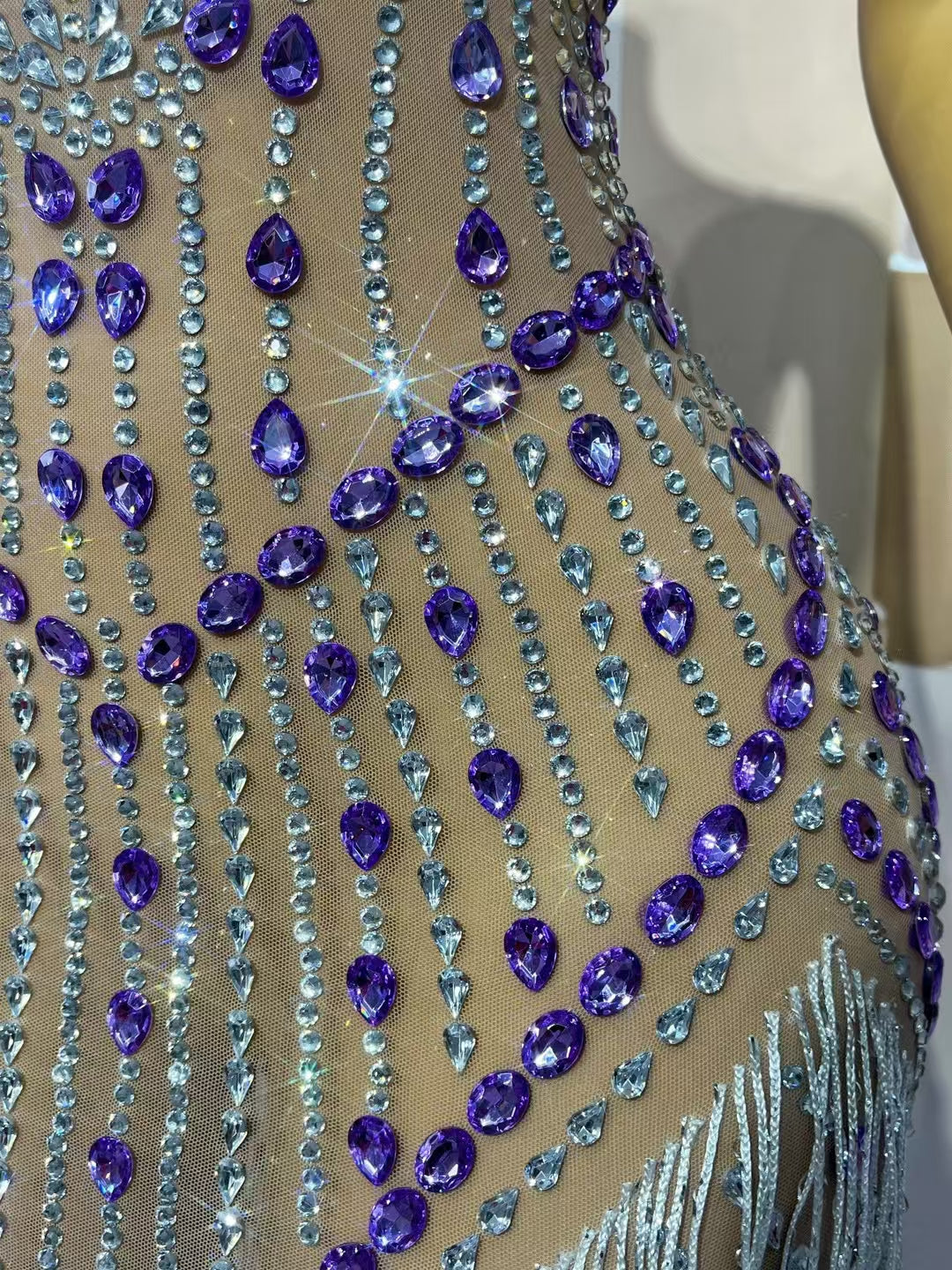 CELESINYI Ziyu Crystal Silver Purple Fringe Gown