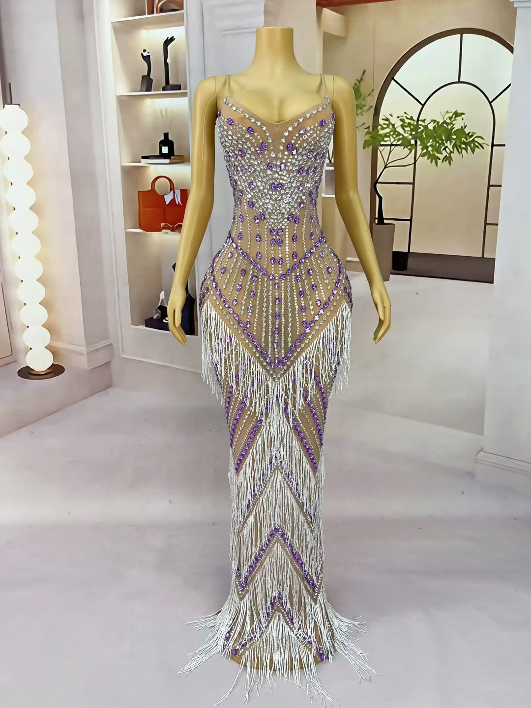CELESINYI Ziyu Crystal Silver Purple Fringe Gown