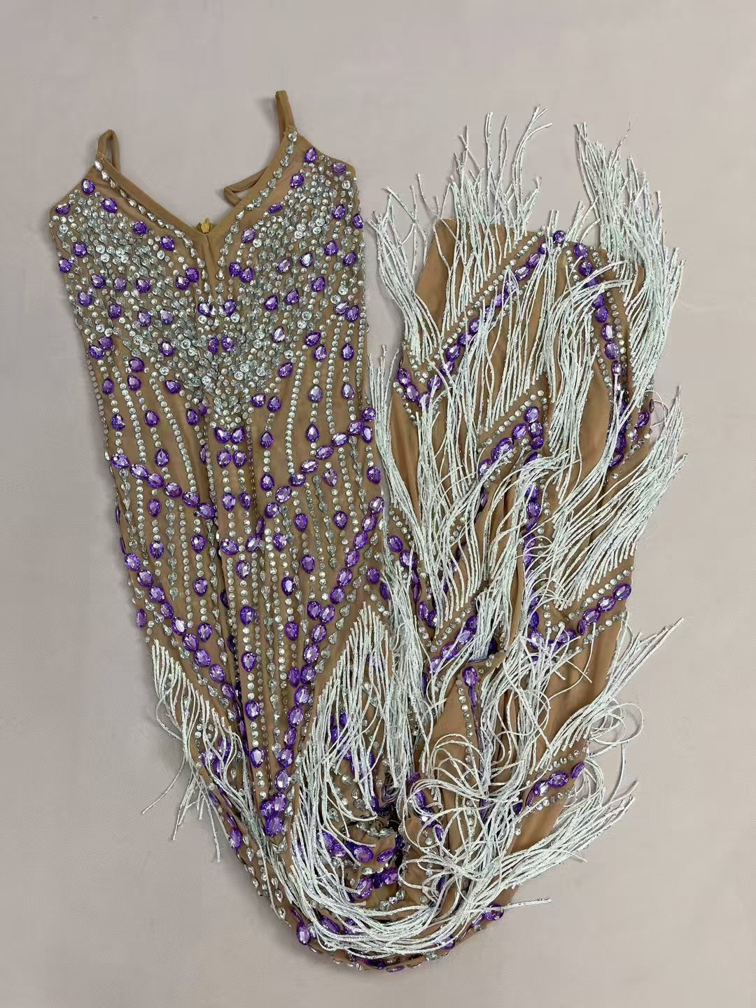 CELESINYI Ziyu Crystal Silver Purple Fringe Gown