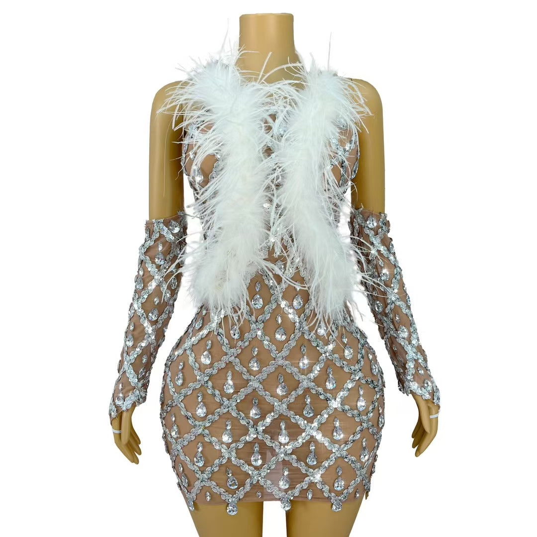 CELESINYI Shaokaoji Crystal Diamond Feather Mini Dress