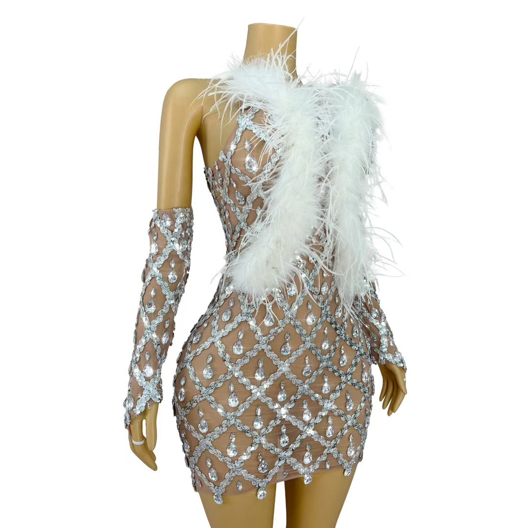 CELESINYI Shaokaoji Crystal Diamond Feather Mini Dress