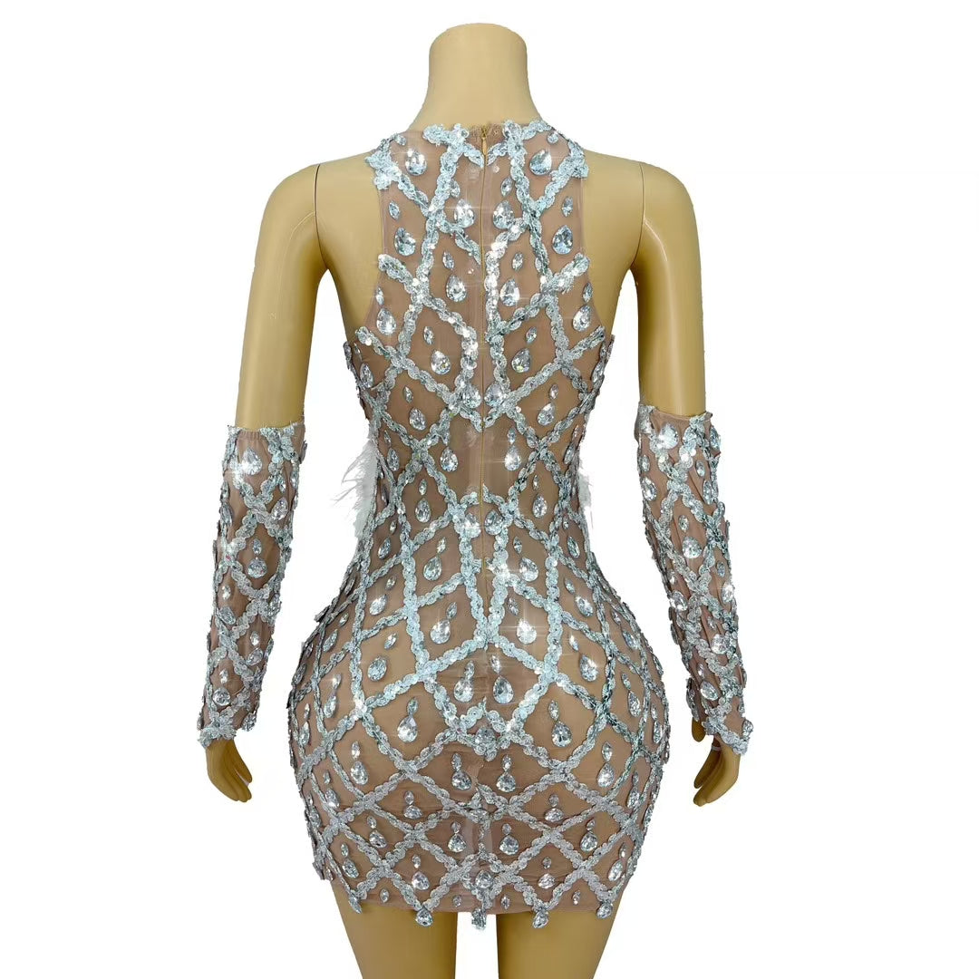 CELESINYI Shaokaoji Crystal Diamond Feather Mini Dress