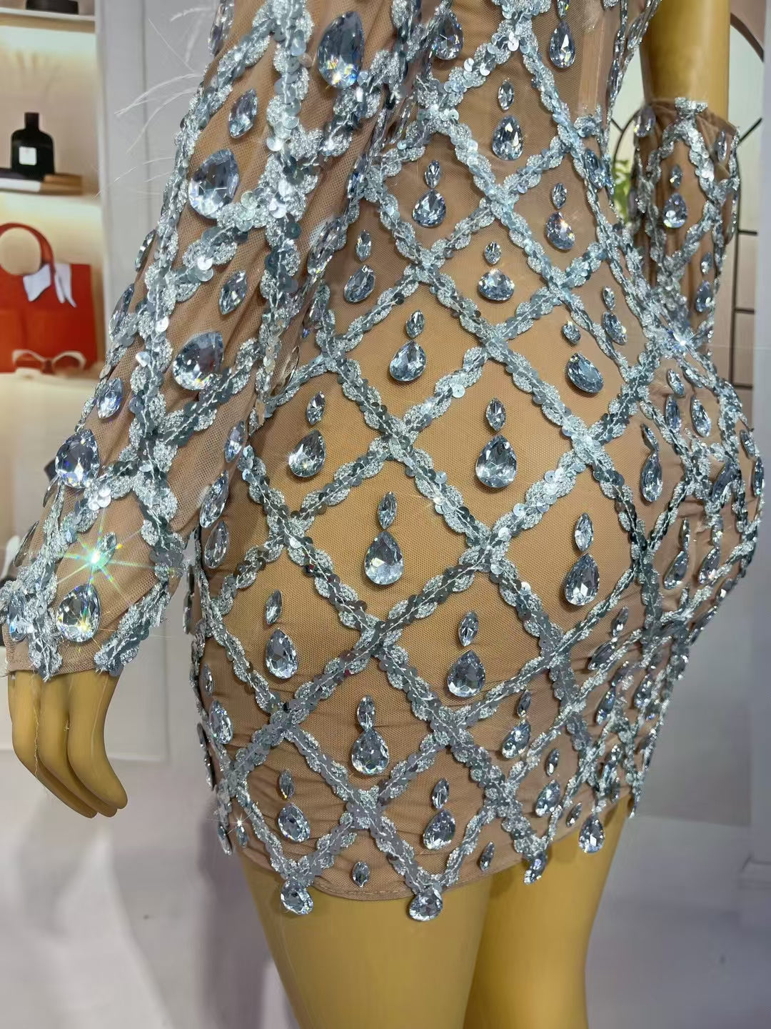 CELESINYI Shaokaoji Crystal Diamond Feather Mini Dress