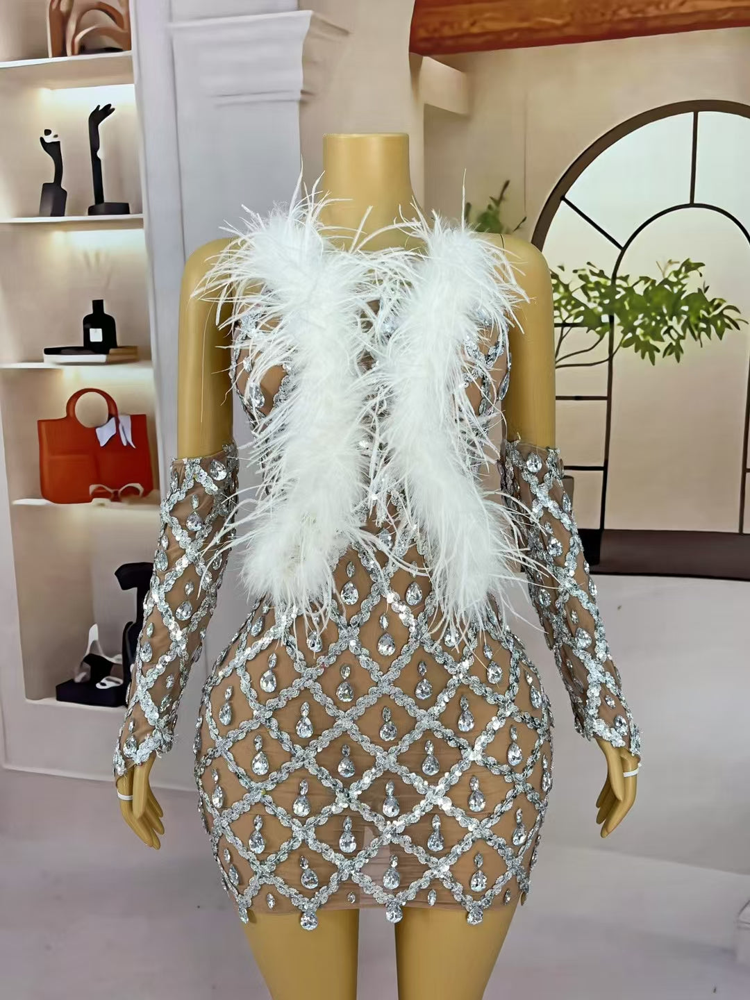 CELESINYI Shaokaoji Crystal Diamond Feather Mini Dress