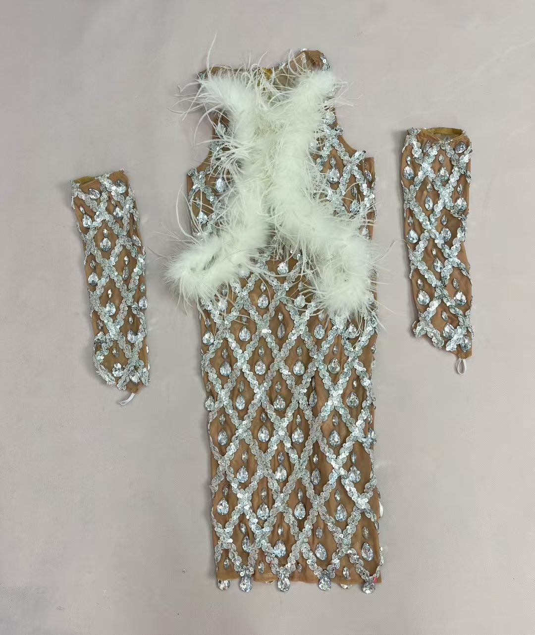 CELESINYI Shaokaoji Crystal Diamond Feather Mini Dress