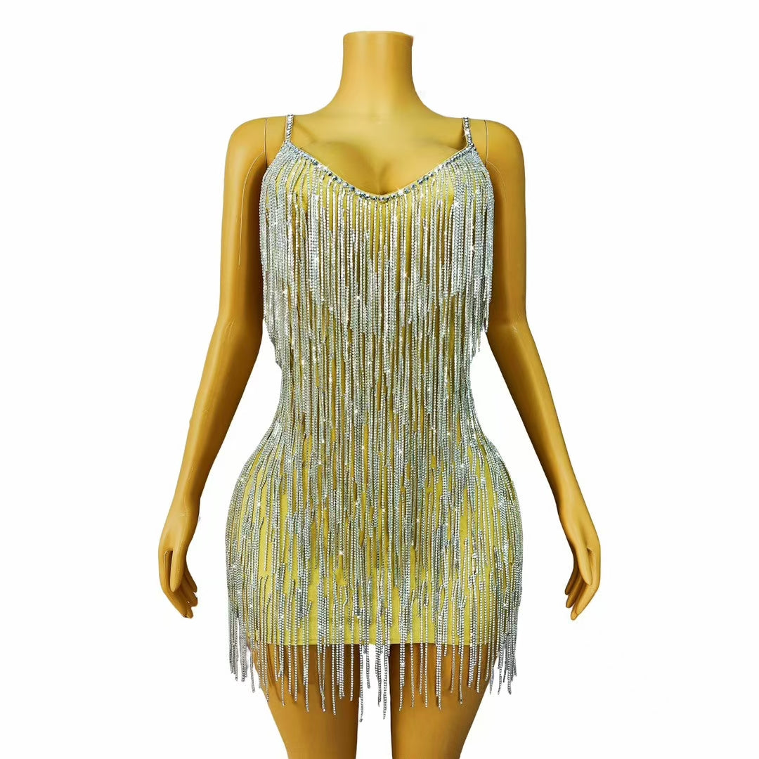CELESINYI Shoushen Crystal Champagne Fringe Mini Dress