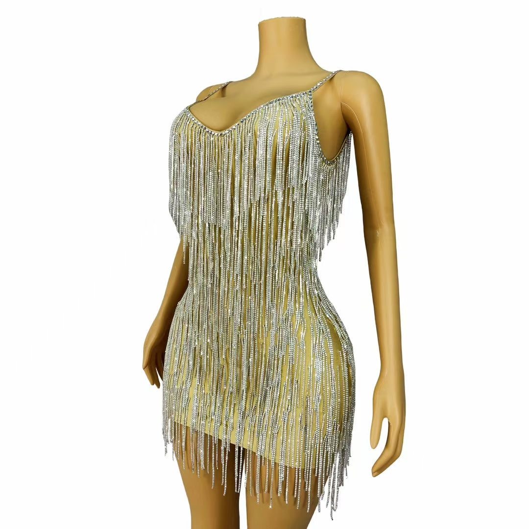 CELESINYI Shoushen Crystal Champagne Fringe Mini Dress