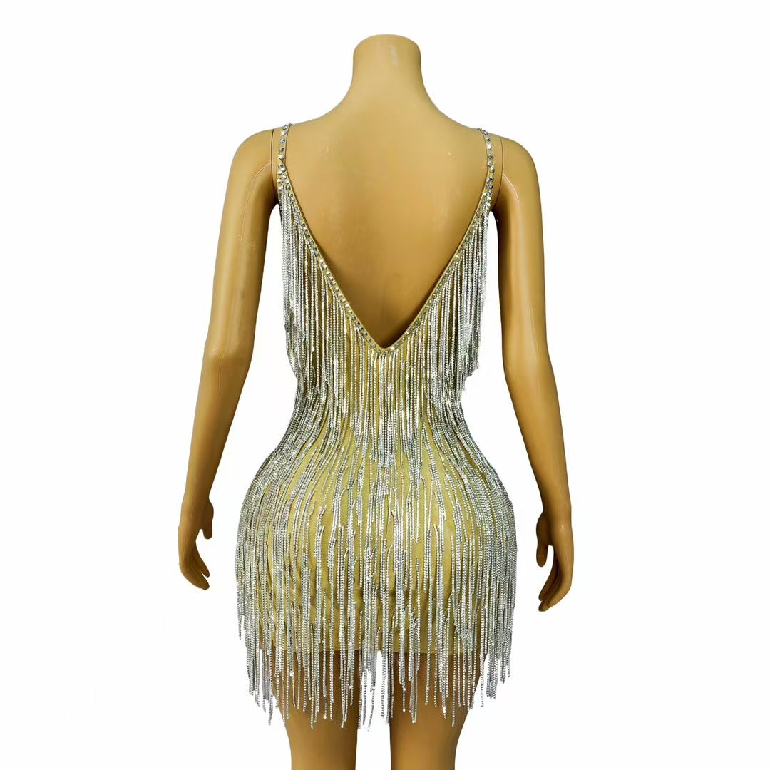 CELESINYI Shoushen Crystal Champagne Fringe Mini Dress