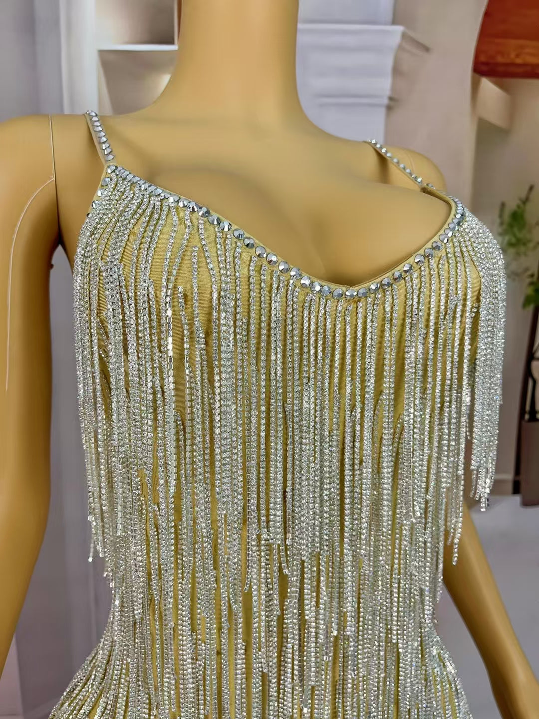 CELESINYI Shoushen Crystal Champagne Fringe Mini Dress