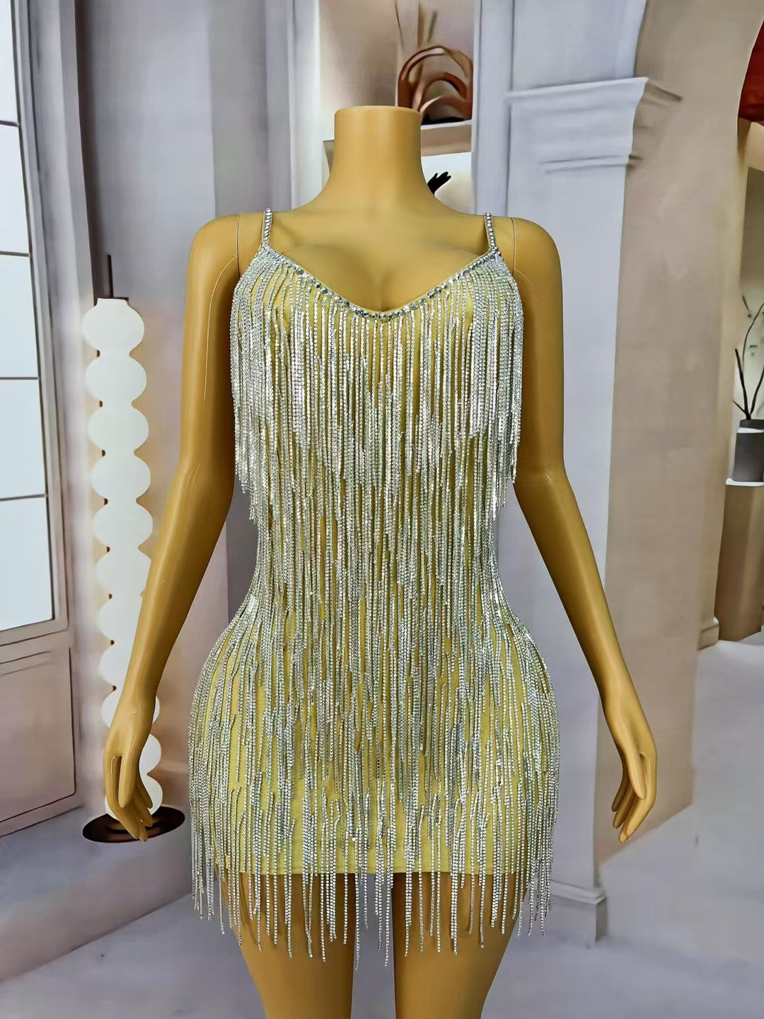 CELESINYI Shoushen Crystal Champagne Fringe Mini Dress
