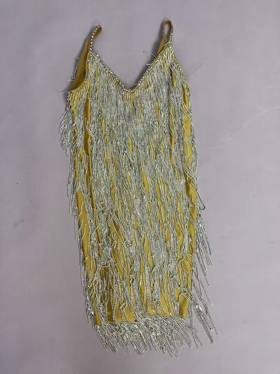 CELESINYI Shoushen Crystal Champagne Fringe Mini Dress