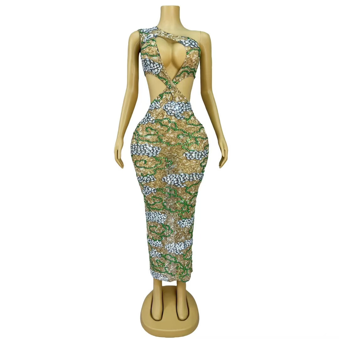 CELESINYI Yunhua Crystal Leopard Cutout Gown