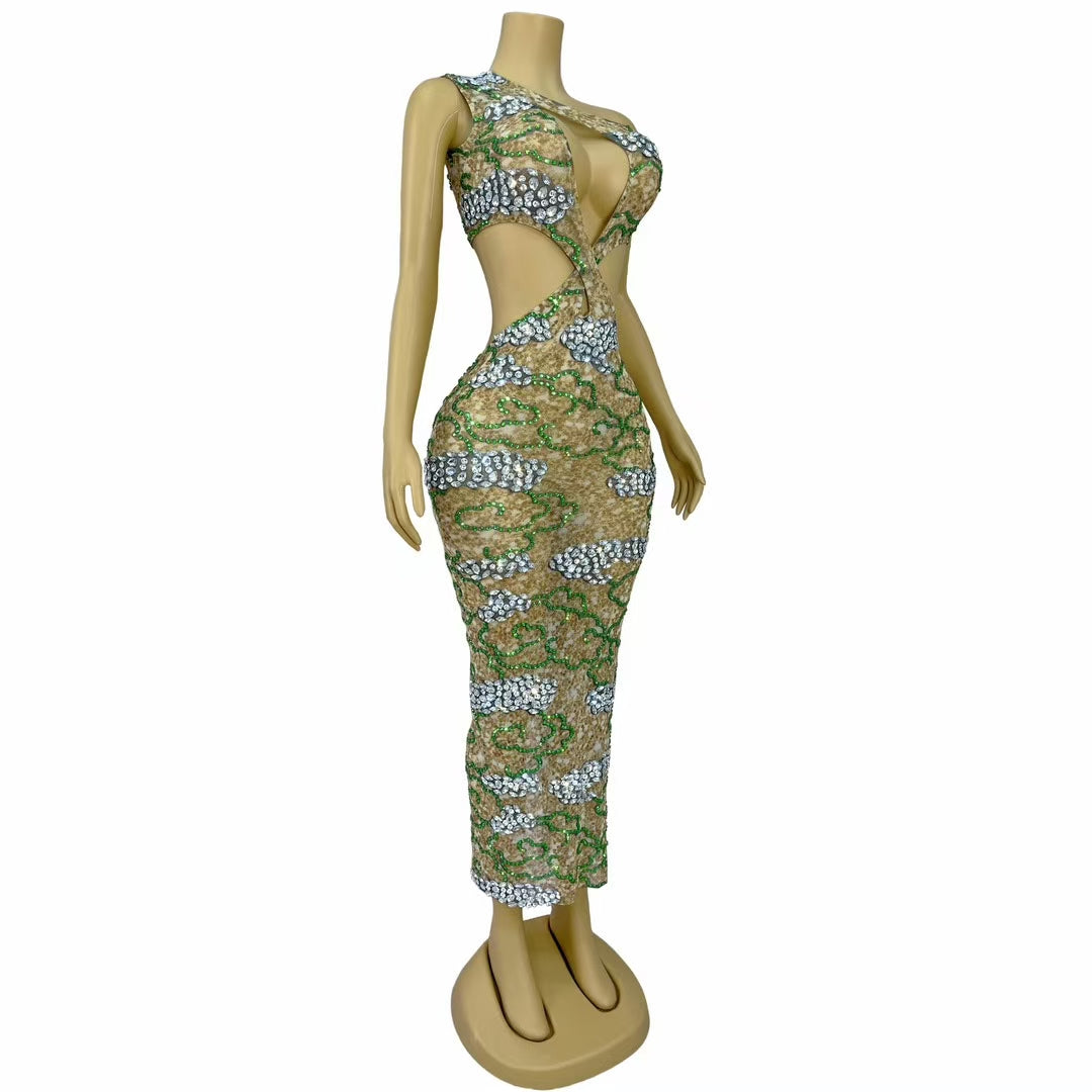 CELESINYI Yunhua Crystal Leopard Cutout Gown