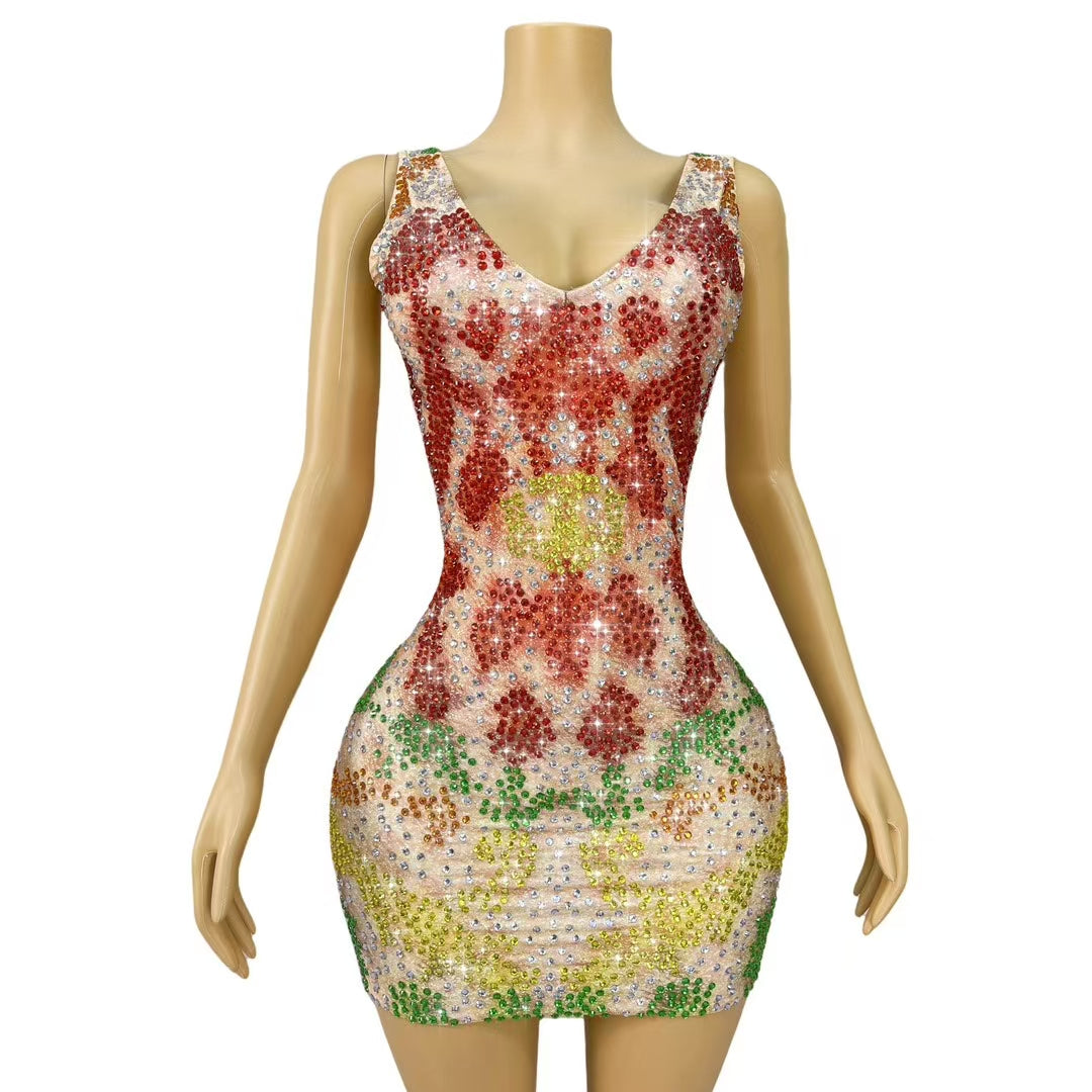 CELESINYI Caihuan Crystal Rainbow Ring Mini Dress