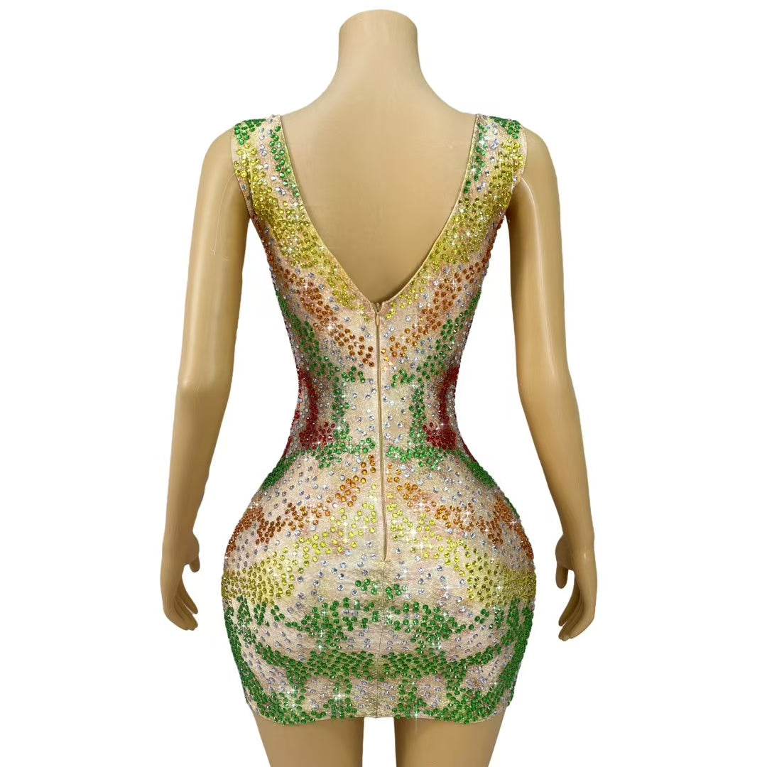 CELESINYI Caihuan Crystal Rainbow Ring Mini Dress
