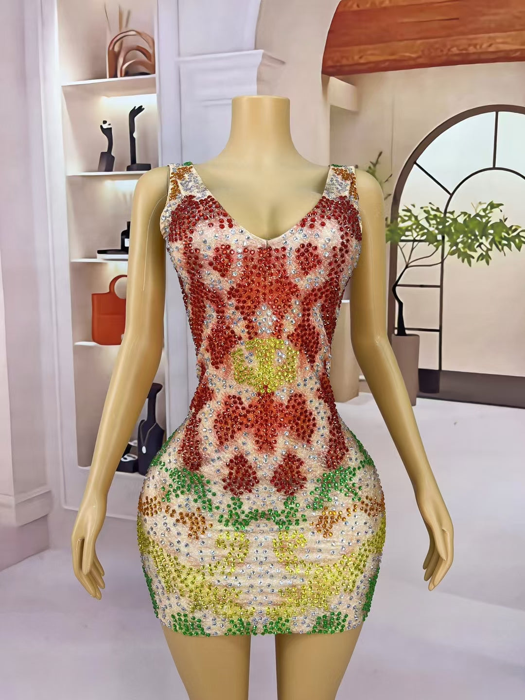 CELESINYI Caihuan Crystal Rainbow Ring Mini Dress
