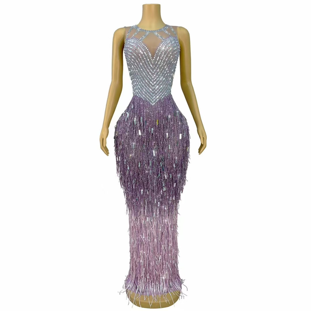 CELESINYI Piaoliu Crystal Deep Purple Fringe Gown