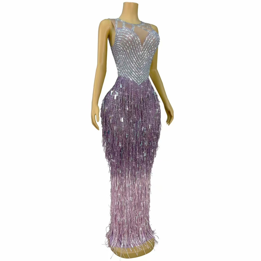 CELESINYI Piaoliu Crystal Deep Purple Fringe Gown