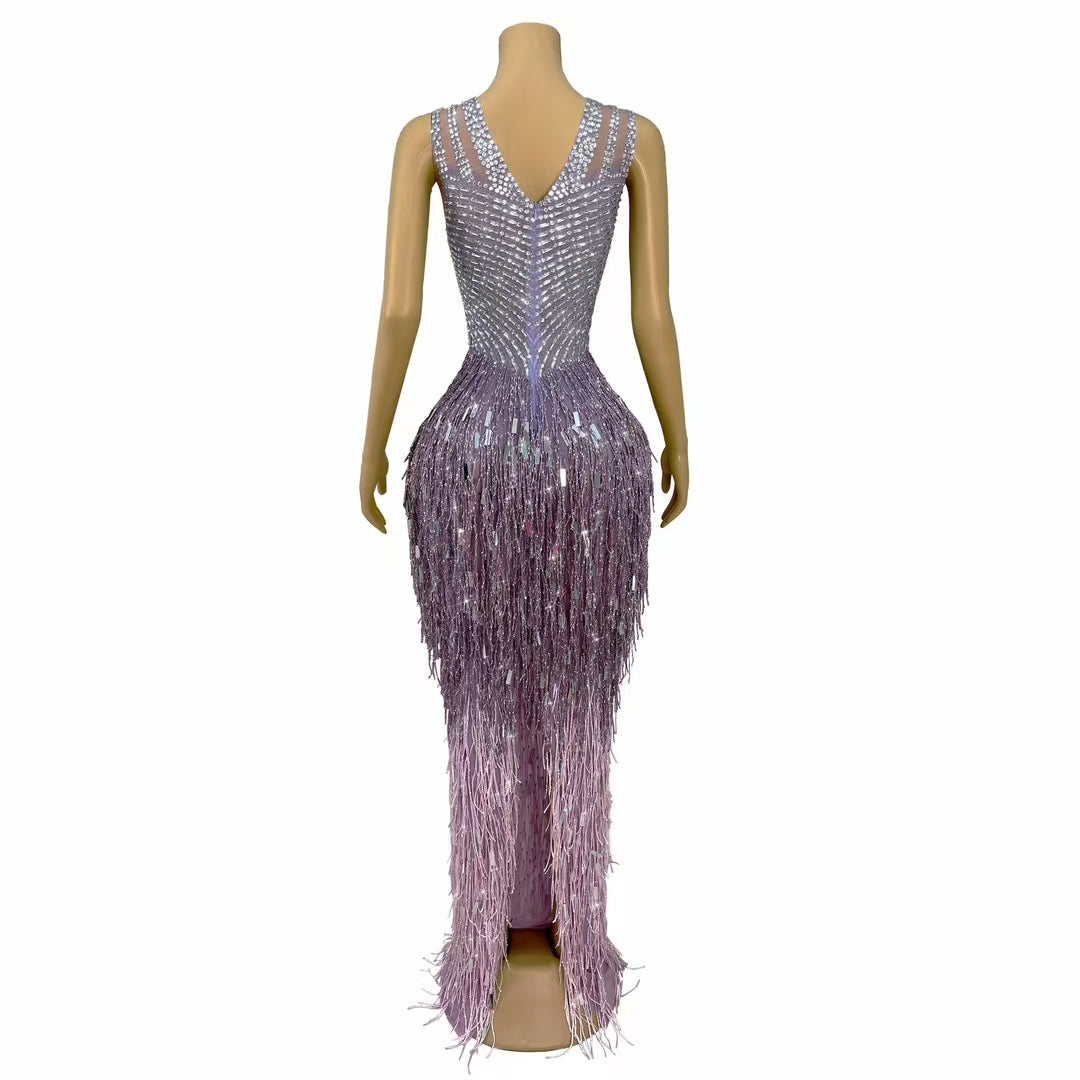 CELESINYI Piaoliu Crystal Deep Purple Fringe Gown