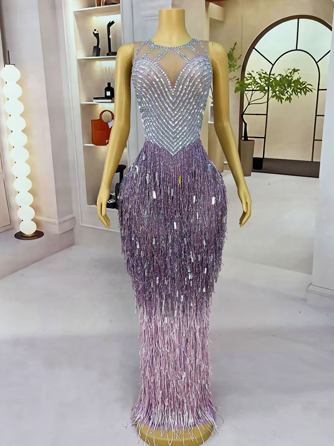 CELESINYI Piaoliu Crystal Deep Purple Fringe Gown
