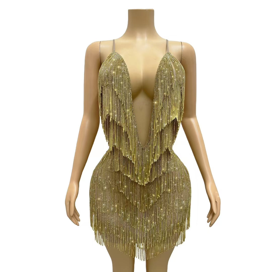 CELESINYI Tiaoyuan Crystal Gold Deep V Fringe Gown