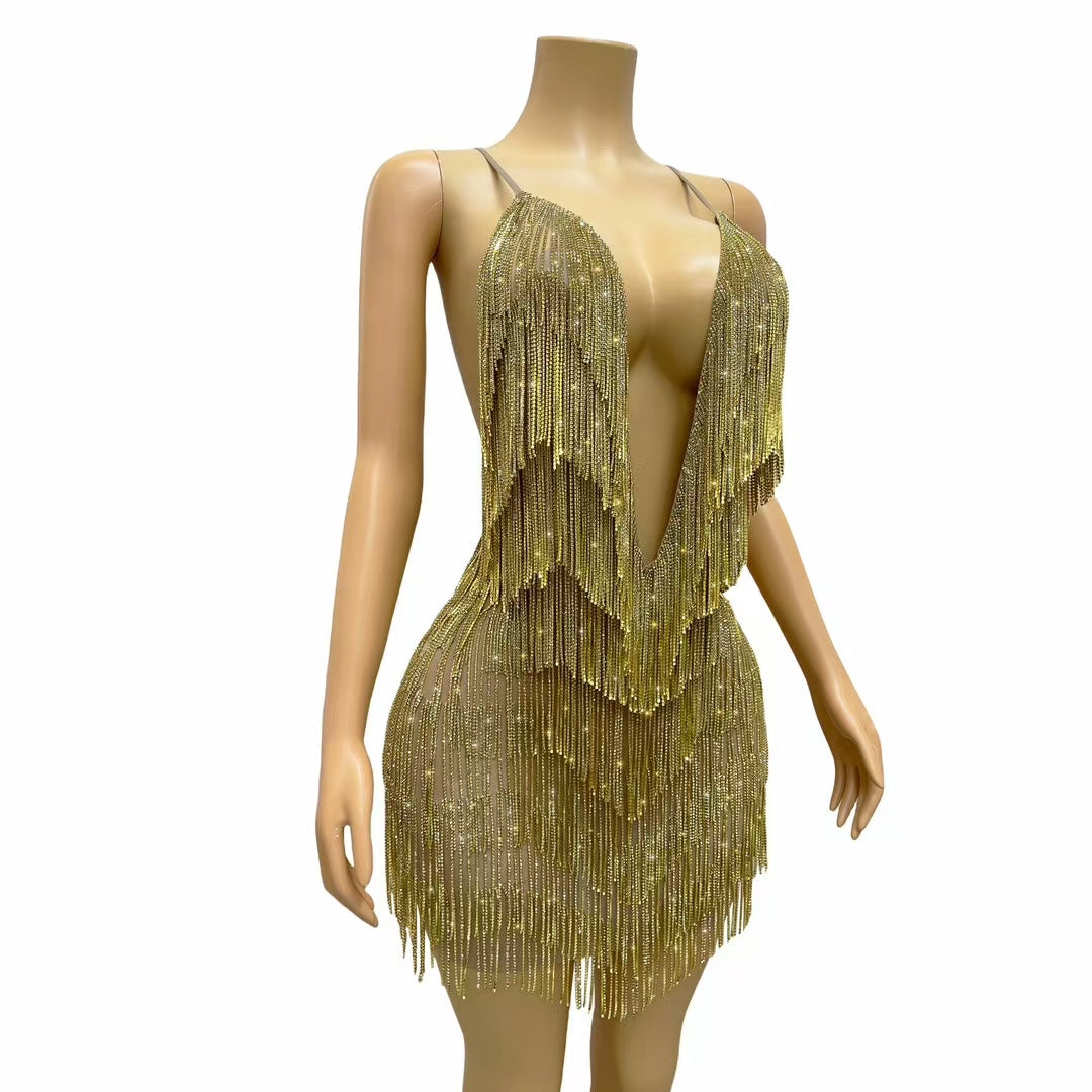 CELESINYI Tiaoyuan Crystal Gold Deep V Fringe Gown
