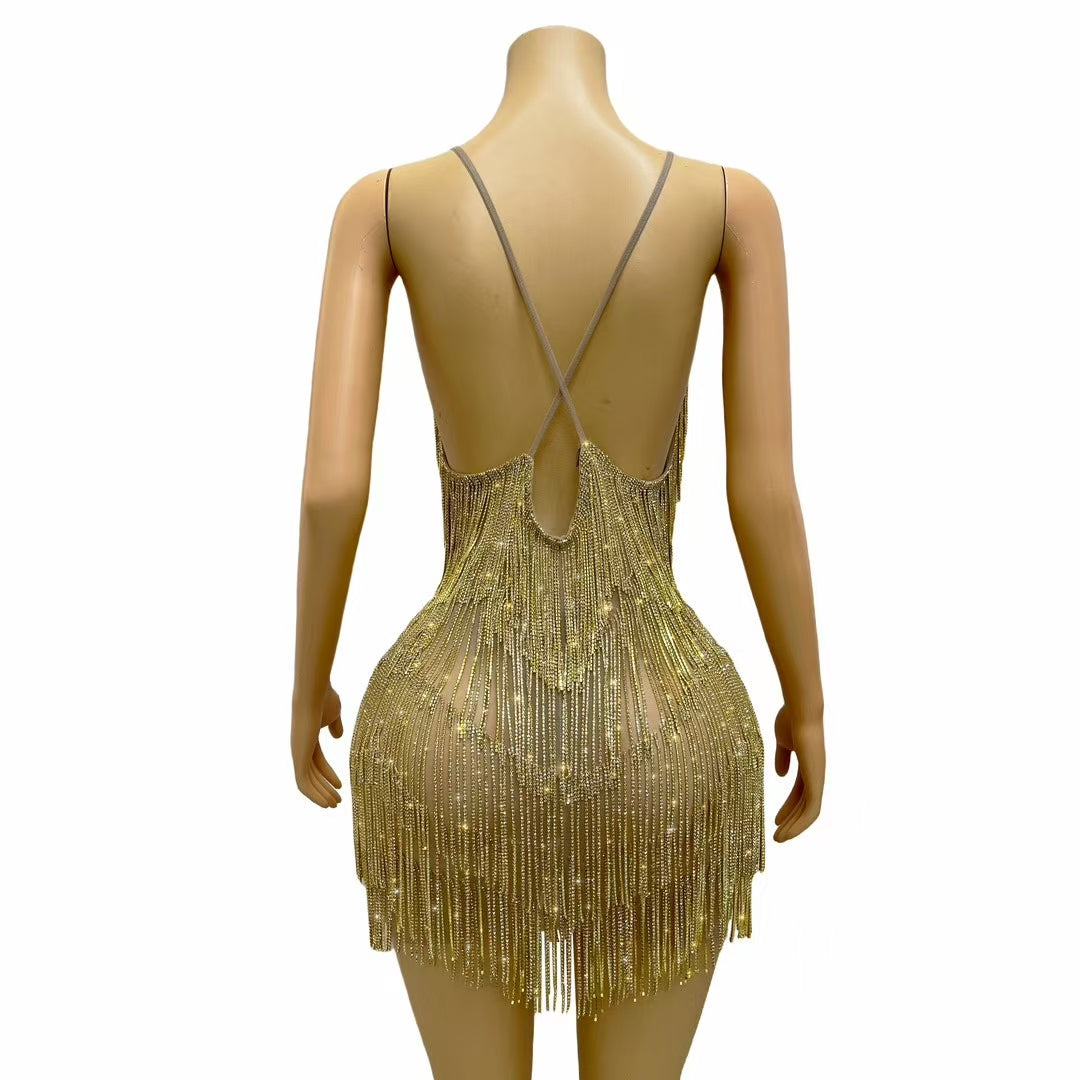 CELESINYI Tiaoyuan Crystal Gold Deep V Fringe Gown