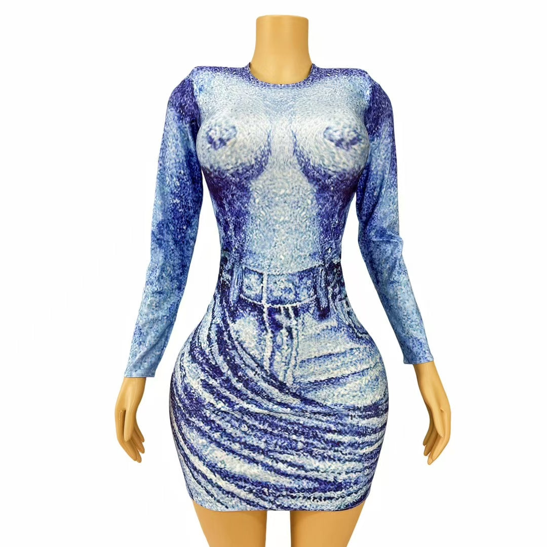 CELESINYI Lanniuzai Abstract Blue Print Mini Dress