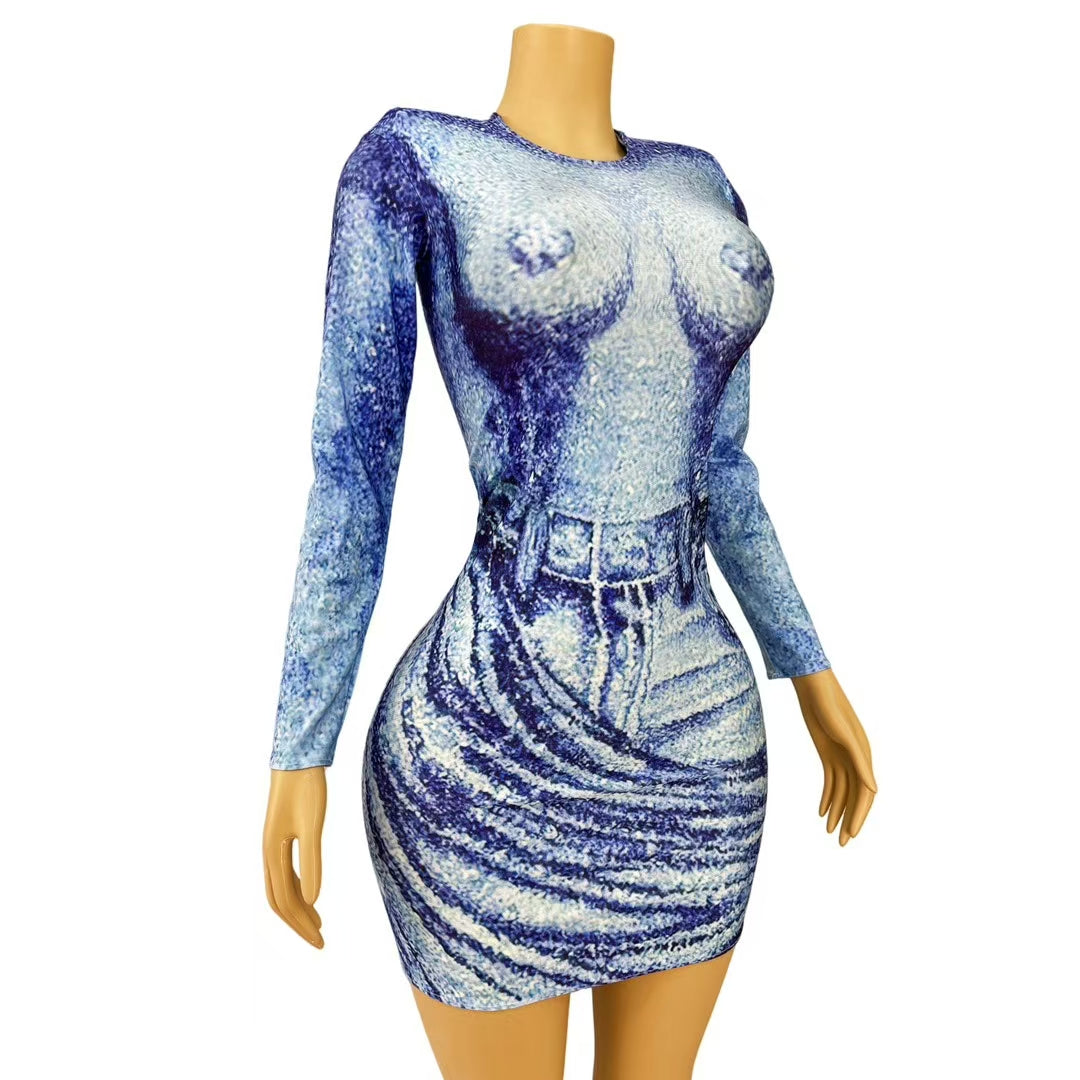 CELESINYI Lanniuzai Abstract Blue Print Mini Dress