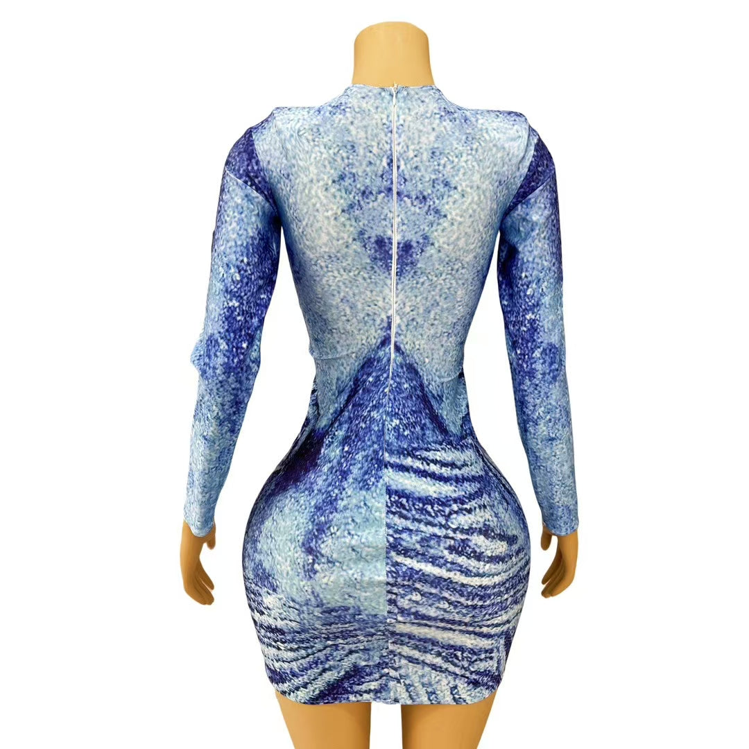 CELESINYI Lanniuzai Abstract Blue Print Mini Dress