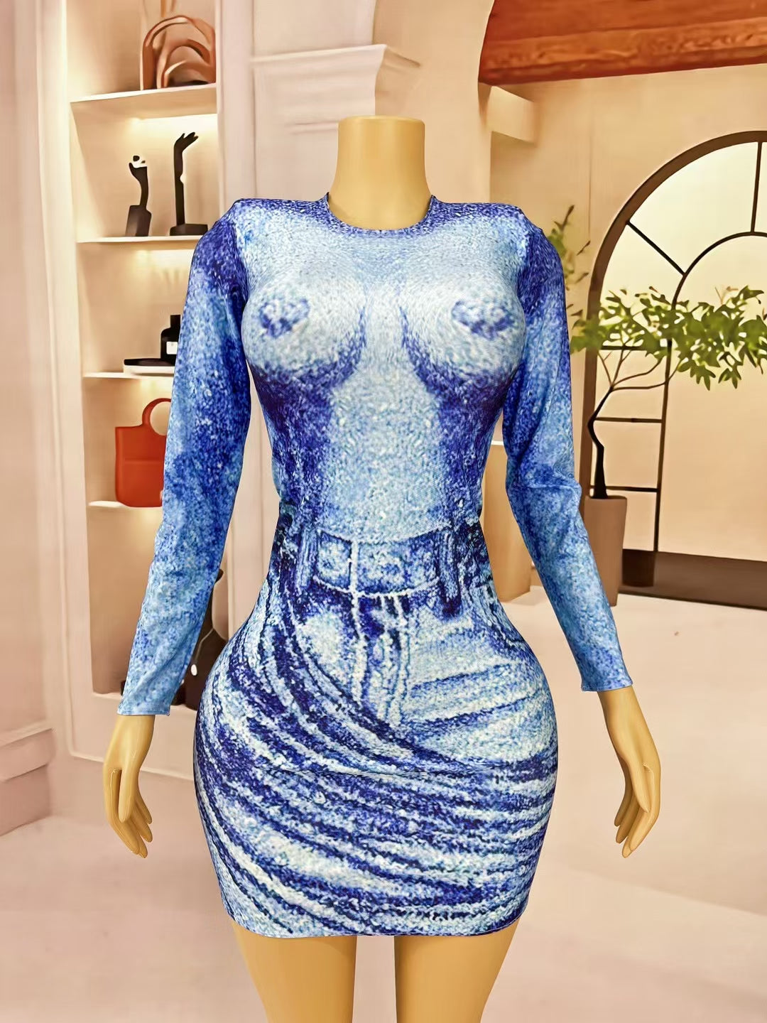 CELESINYI Lanniuzai Abstract Blue Print Mini Dress