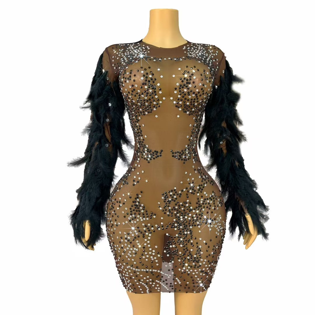 CELESINYI Suixingdiandian Crystal Black Feather Mini Dress