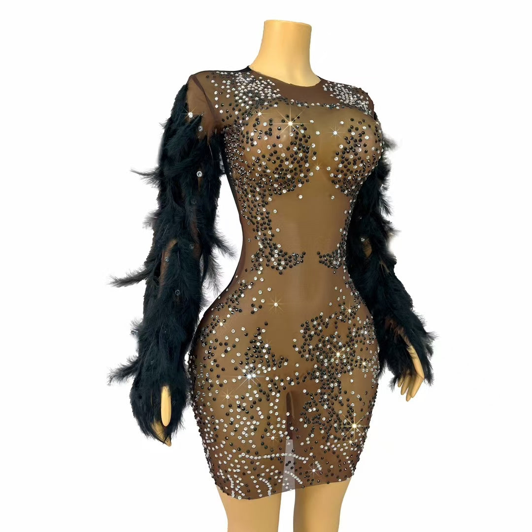 CELESINYI Suixingdiandian Crystal Black Feather Mini Dress