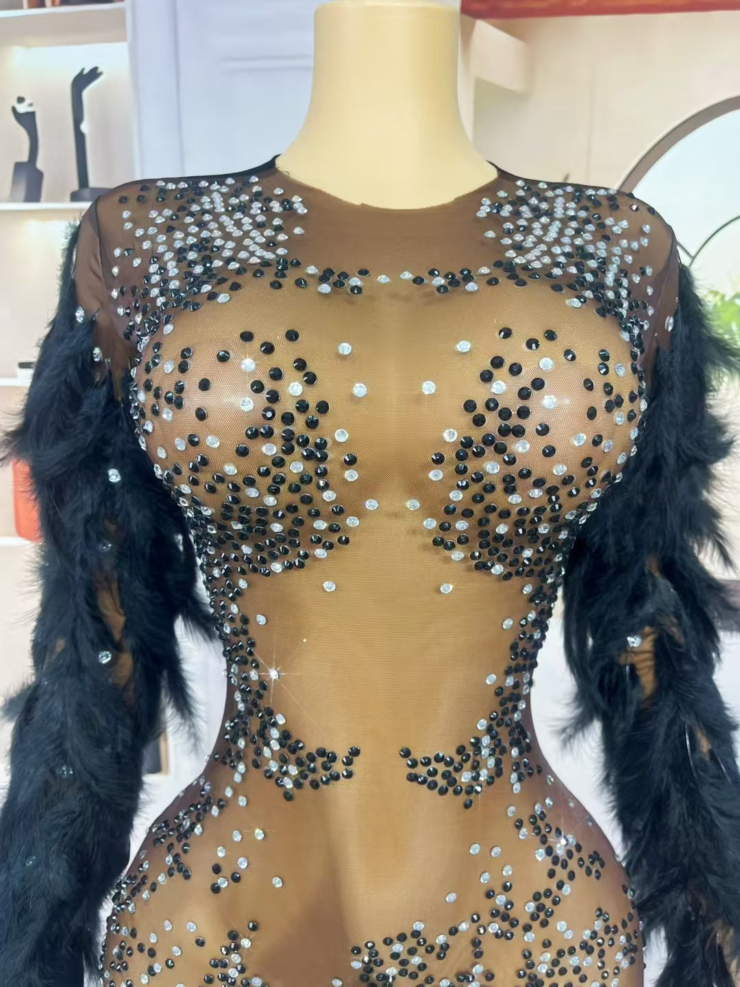 CELESINYI Suixingdiandian Crystal Black Feather Mini Dress