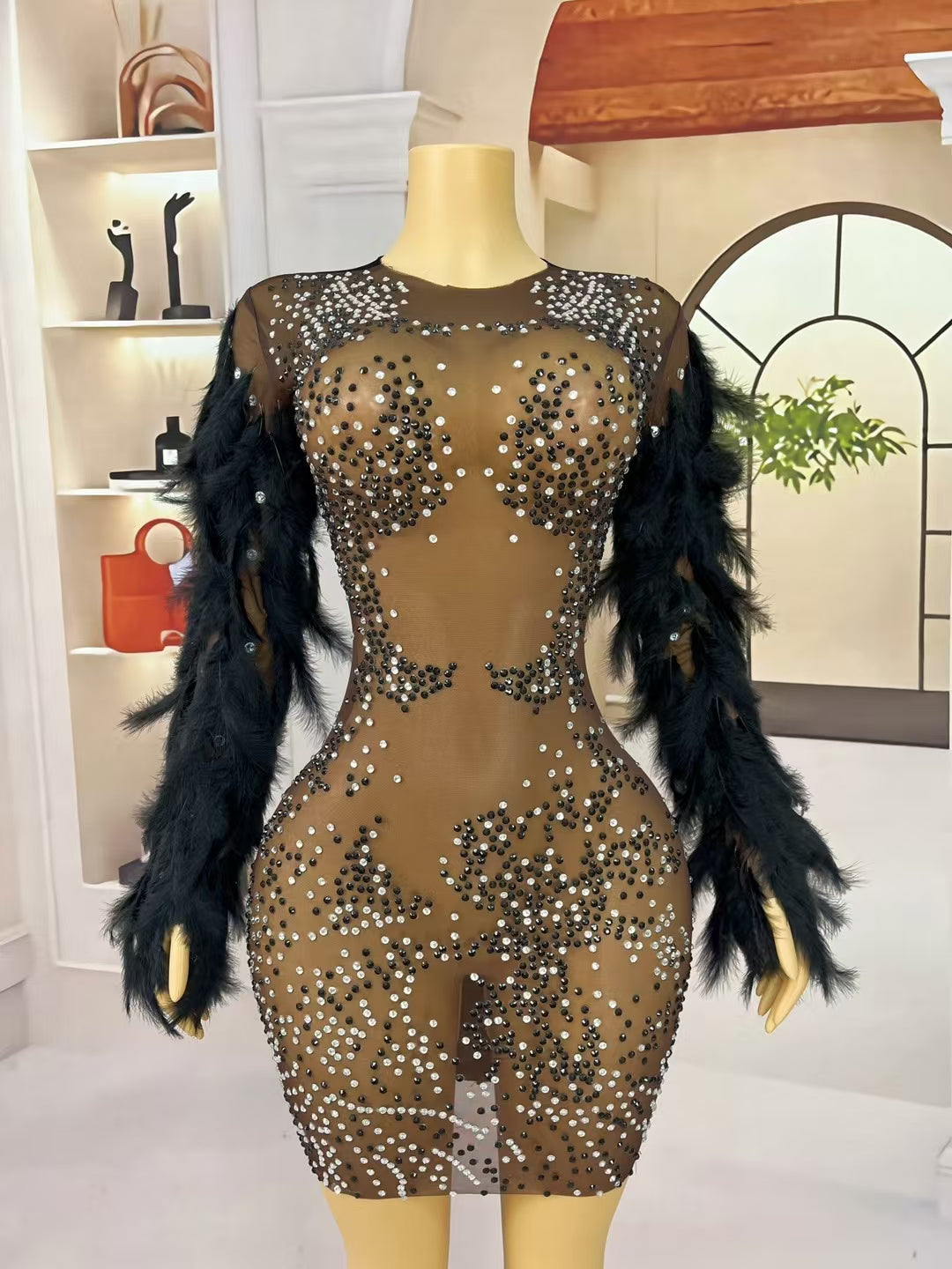 CELESINYI Suixingdiandian Crystal Black Feather Mini Dress
