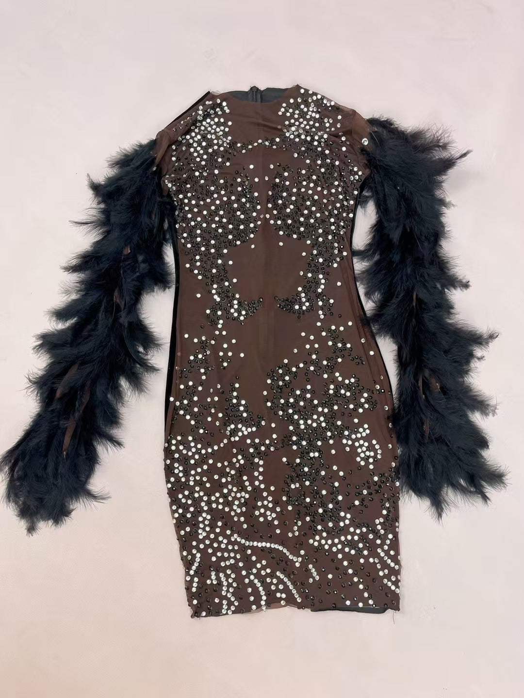CELESINYI Suixingdiandian Crystal Black Feather Mini Dress