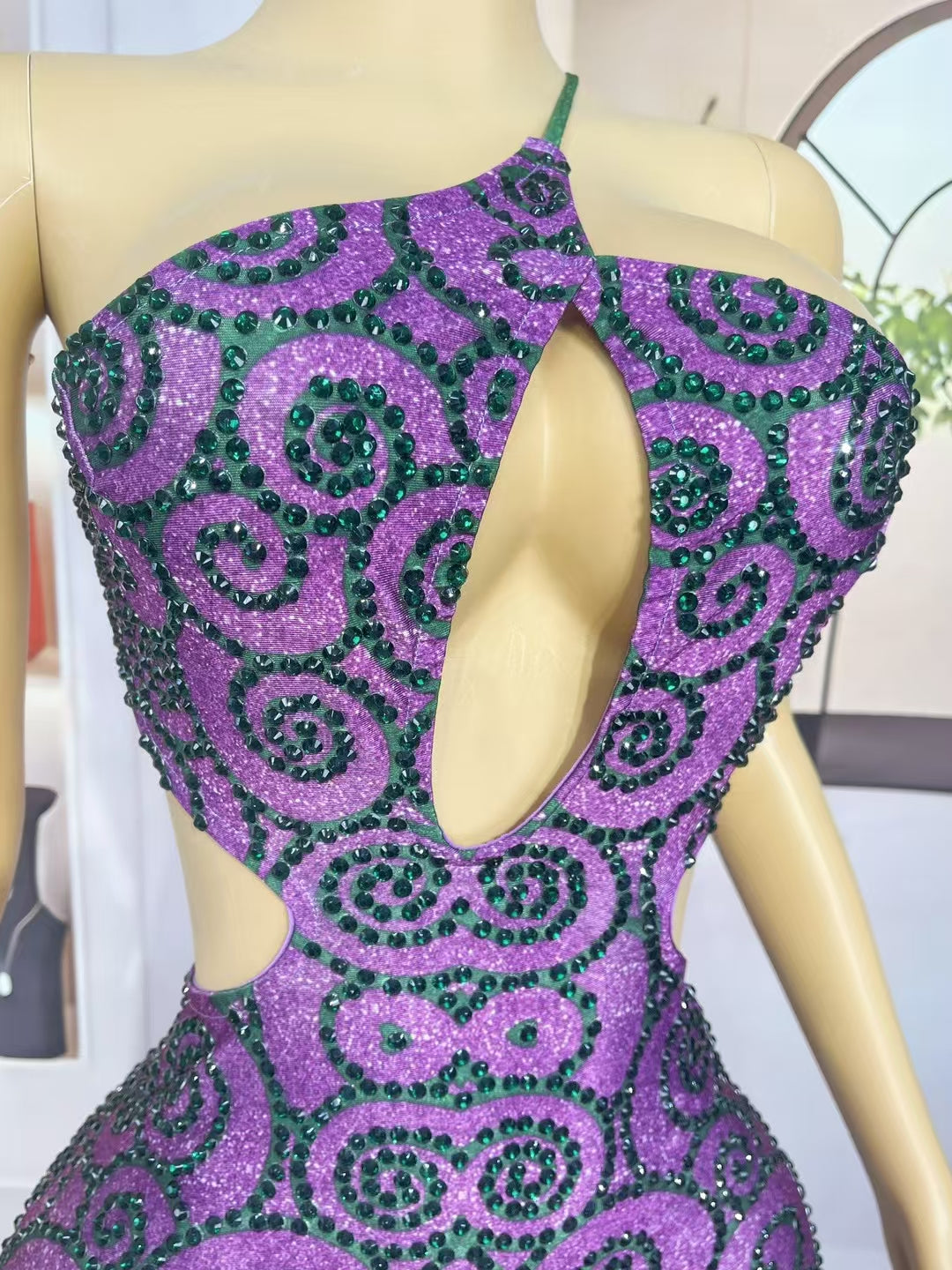 CELESINYI Ziguoshi Crystal Emerald Swirl Mermaid Gown